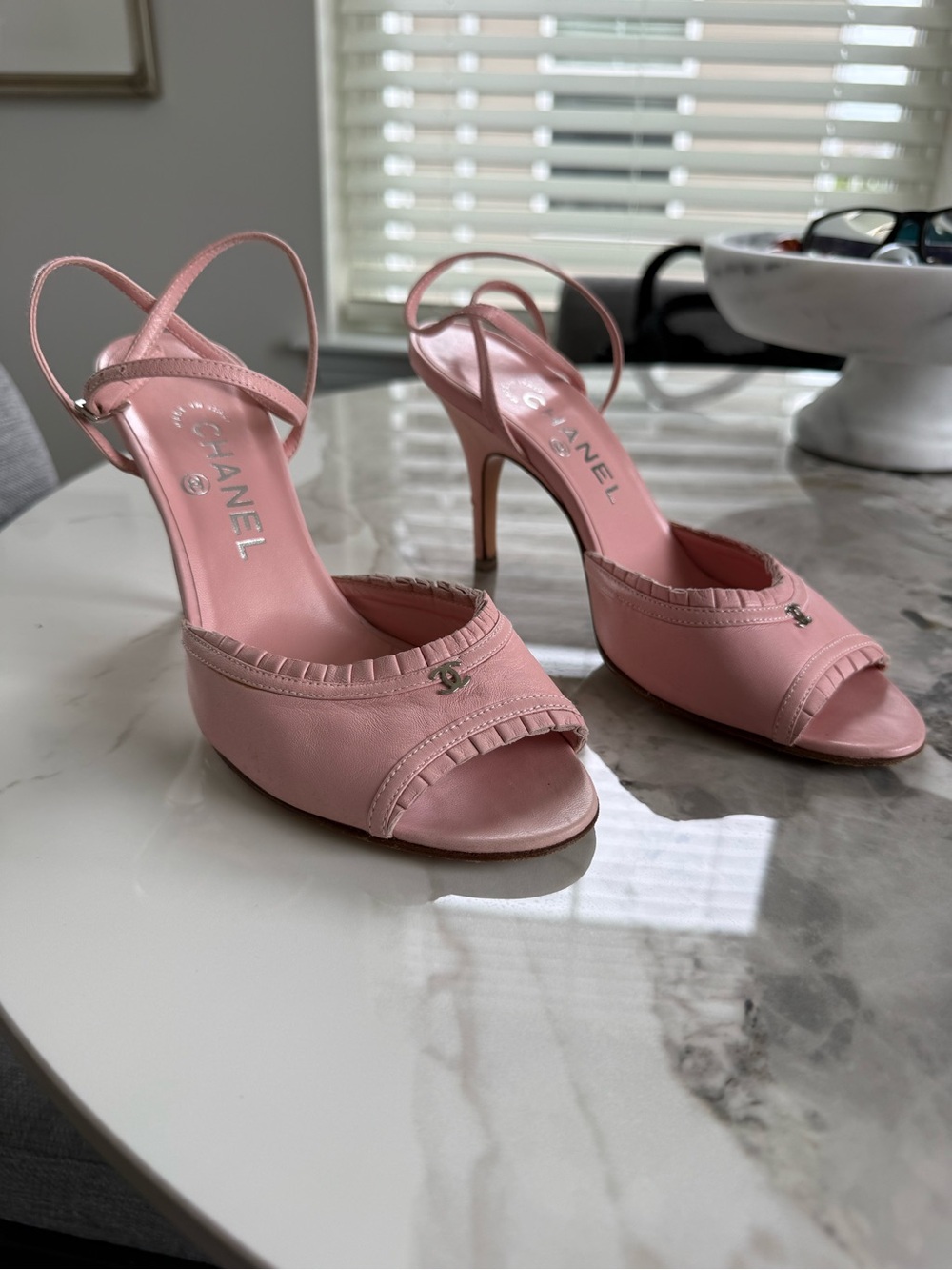 CHANEL Pink Leather Open-Toe Ankle-Strap Heels - Picture 5 of 7